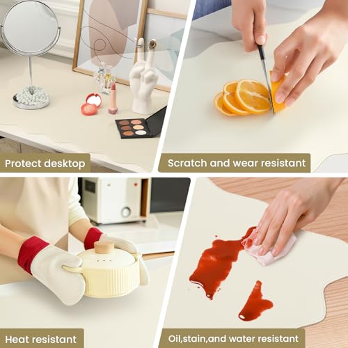 Image of PU Leather Desk Pad, Scalloped Non-Slip Mouse Pad & Large Desk Mat Cover Stitched Edges Writing Pad for Office, Home - Waterproof, Easy to Clean, Durable Surface I 31.4 inchx15.7 inch, Off-White