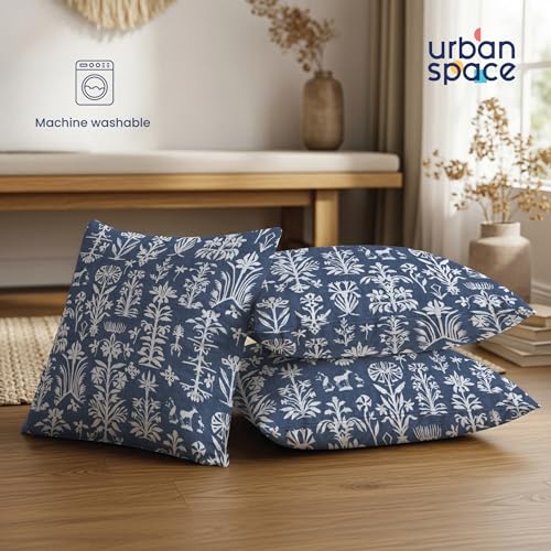 Image of Urban Space Decorative Cotton 200 TC Cushion Cover Set of 3, 16 Inch X 16 Inch Cushion Covers for Sofa, Bedroom, Living Room (Twigs Indigo Blue, Cushion Cover 40Cm X 40Cm, Set of 3)