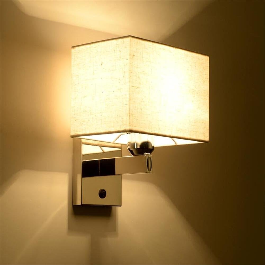 Atmko®Wall Lights Modern Reading Bedside Stainless Steel Wall Lamp and Fabric Lampshade with Button Switch Living Room Bedroom Hotel Wall Surface Mounted Sconces Decoration Lighting