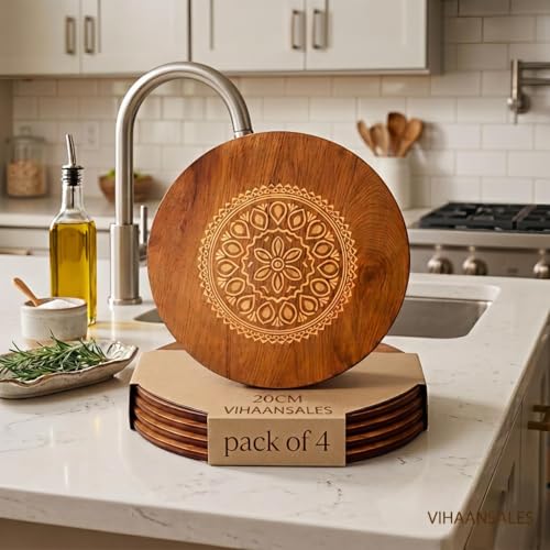 Image of Round Wooden Trivet,Place Mate Set of 4 (20cm) |Bamboo Table Mats with Engraved Design | Heat Resistant Hot Pot Stand| Dining Table Protector | Wooden Coaster for Kitchen & Cookware (20x20 cm)