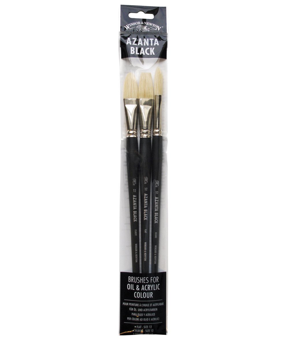 Winsor & Newton 5690660 Azanta Black natürlicher Schweineborstenpinsel für Ölfarben & Acrylfarben , gute Steifheit, ideal für körperreiche Farben, langer Stiel - 3 Pinsel im Pinselset