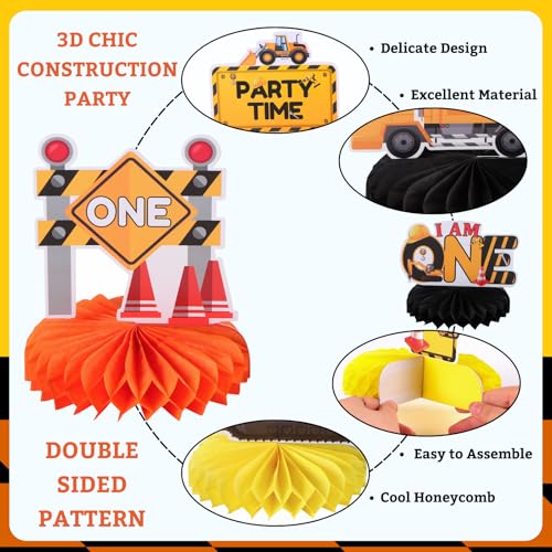 Image of 9pcs Construction Vehicle Table Centerpieces for First Birthday Party Decorations Truck Car Excavator Honeycomb Centerpieces One Birthday Table Decorations Construction 1st Birthday Table Sign Decors