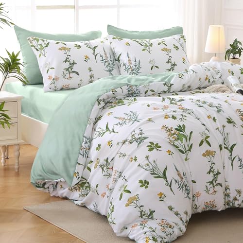 Image of MUXHOMO California King Comforter Set, Green Elegant Floral Print Bed in a Bag 7 Pieces, Ultra Soft & Breathable Reversible Botanical Pattern Bedding Set with Comforter, Sheets, Pillowcases, and Shams