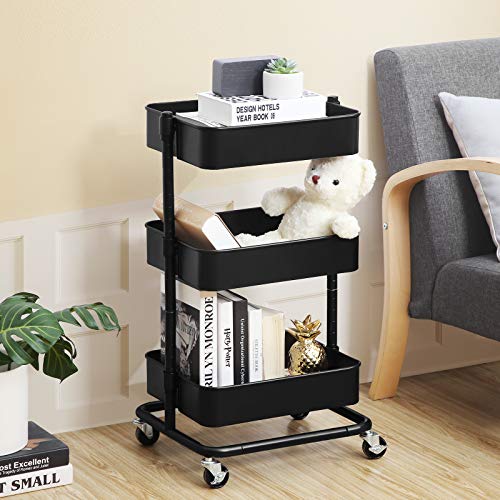 SONGMICS 3-Tier Storage Trolley, Rolling Cart, Kitchen Storage Cart with Height Adjustable Shelves, Utility Cart with 2 Brakes, Easy Assembly, for Bathroom, Kitchen, Office, Black BSC60B - Image 3