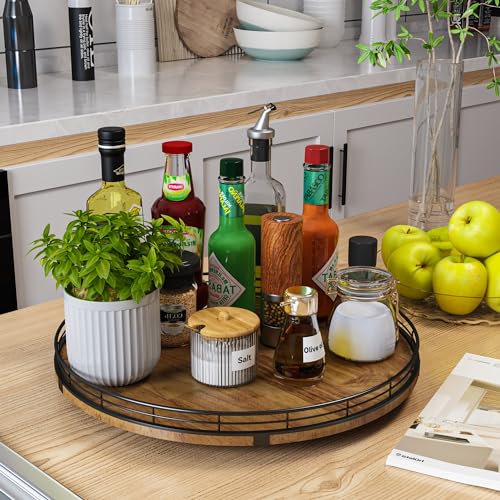Image of Farmhouse Oak 16 inch Lazy Susan Turntable Organizer for Cabinet, Round Wooden Lazy Susan Organization and Storage for Dining Table, Pantry, Kitchen, Countertop, Cupboard,Home Decor, Walnut Wood (16 inch)