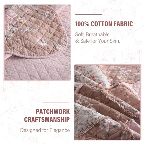 NEWLAKE Quilt Set Queen Size, Cotton Patchwork Pink Floral Quilt Sets, Real Stitched Embroidery Bedspread Lightweight and Breathable for All Seasons, Soft Quilted with 2 Pillow Shams