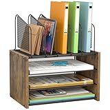 4-Tier Desk Organizer, Desk File Organizer with 5 Vertical File Holders, Office Desktop Organizer with 3 Level Paper Organizer Letter Tray, Wooden Desk Organizers and Accessories for Home Office