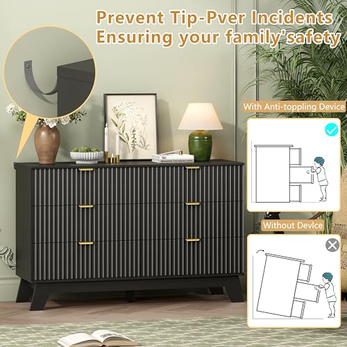Image of Wodeer 6 Drawer Fluted Dresser for Bedroom, Mid Century Modern Dresser with 6 Drawers, Dressers & Chests of Drawers with Metal Handle, TV Stand & Storage Organizer for Entryway, Hallway, Black