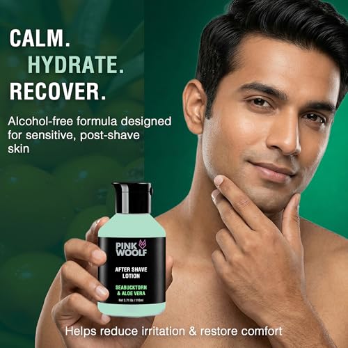 Image of Pink Woolf After Shave Lotion for Men - Seabuckthorn & Aloe Vera | Sensitive Skin Post Shave Care | Razor Burn Relief, Alcohol Free, Hydrating After Shave Moisturizer | 110 ml