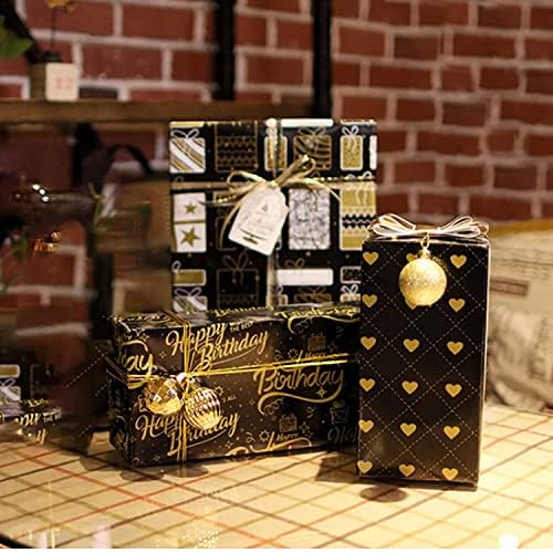 Gift Wrapping Paper Set 6 Sheets 3 Styles Happy Birthday Wrapping Paper Roll with 2 Rolls 5M Gold Silk Ribbon Black Gold Wrapping Paper Sheets 70 × 50cm