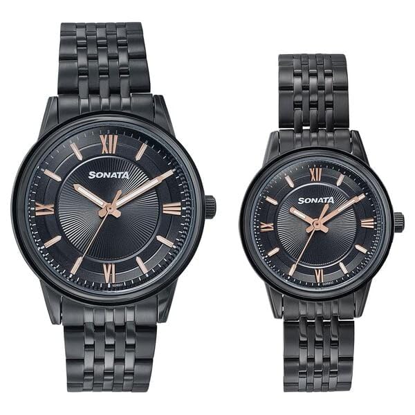 Image of Sonata Wedding Edit Quartz Analog Black Dial Stainless Steel Strap Watch for Pair