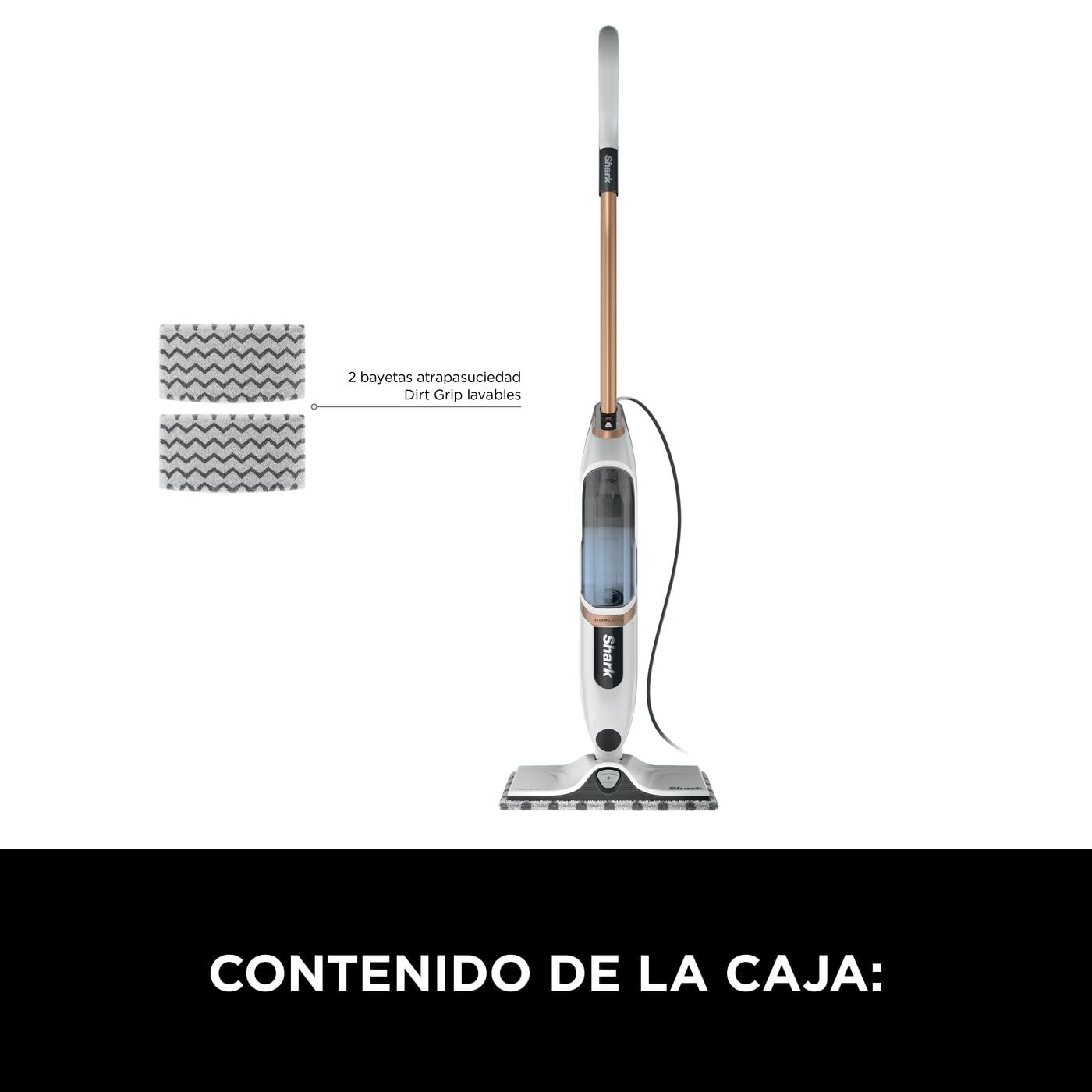 Shark SteamSpot con Steam Blaster para Suelos Duros, mopa de Vapor Ligera sin sustancias químicas, depósito de Agua extraíble, 2 bayetas atrapasuciedad Dirt Grip Lavables, Blanco y Cobre S2001EU