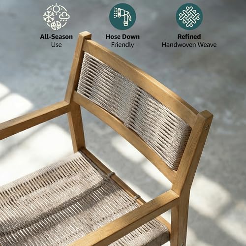 Image of Acacia Heritage Woven Rope Wood Armchair, Set of 2 - Handcrafted Outdoor Patio Dining Chairs with UV Resistant Finish - Solid Wood Boho Accent Seating for Deck, Porch & Backyard, Natural