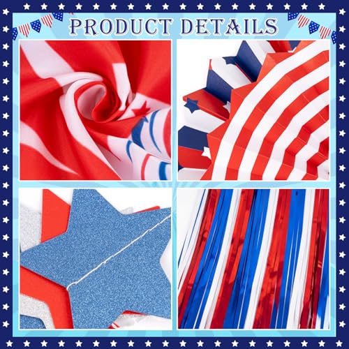 Image of 17 Pcs 4th of July Patriotic Decorations Set | 250th Anniversary, Paper Fans Pom Poms Banner Foil Curtain, Independence Day Memorial Day Party Decor