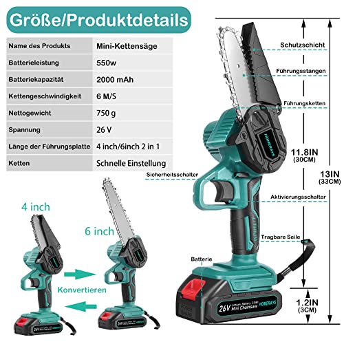Mini Kettensäge mit Akku, 4-Zoll und 6-Zoll 2-in-1 26v nahtl ose Konvertierung Elektrische Kettensägen-set… – Bild 4