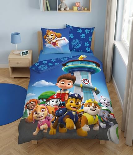 Aymax Housse de Couette Pat' Patrouille Réversible 140x200 cm - Parure de Lit Enfant 100% Polyester avec Taie d'oreiller 63x63 cm - Fermeture Boutons -...