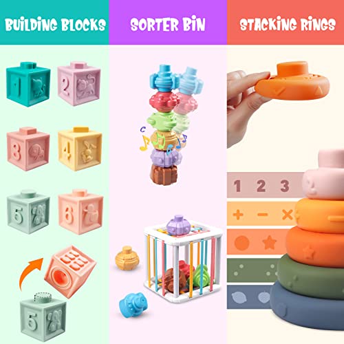 6 in 1 Baby Toys 6 to 12 Months, Montessori Toy for Toddlers 1-3, Infant Teething Babies Toy Stacking Blocks Rings Pull String Toy Sorter Sensory Bin - Thumbnail 4