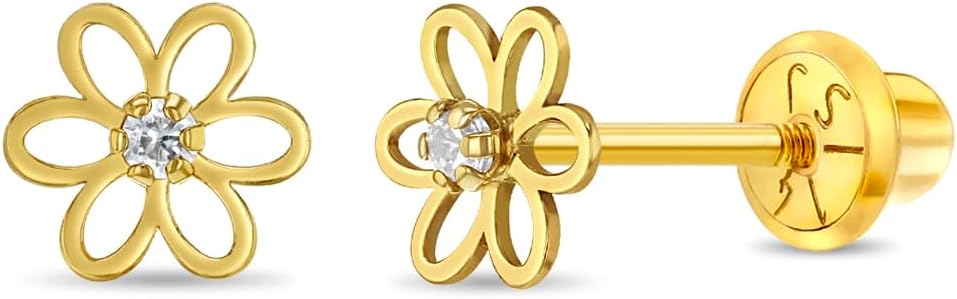 In Season Jewelry 14k Yellow Gold CZ Flower Kids Earrings - Earrings for Girls with Safety Screw Back Locking - Safe & Comfortable for Toddlers, Kids & Little Girls