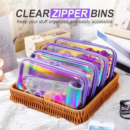 Image of Hoolerry 4 Pcs Hard Clear Zipper Case Makeup Bags Plastic Zipper Pouch Transparent Storage Box Containers for Cosmetics, Snacks, Building Blocks, Puzzles(Clear,7.5 x 3.9 x 2 in,Purple Laser)