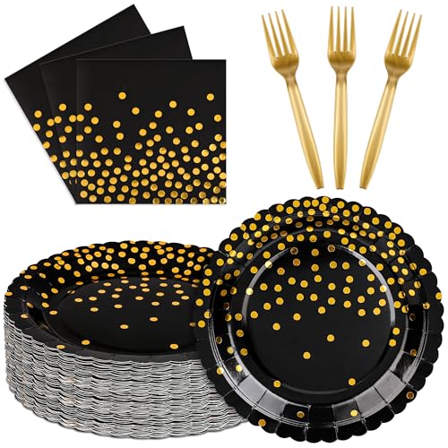 90 Pcs Black and Gold Plates and Napkins Party Supplies Scalloped Gold Polka Dots Tableware Set Include Black Gold Dot Cake Dessert Plates Napkin Fork for Wedding Retirement Birthday New Year