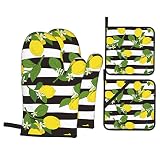 Lemon Oven Mitts and Pot Holders Sets of 4 High Heat Resistant Green Floral Pattern Lemon Fruits Flo