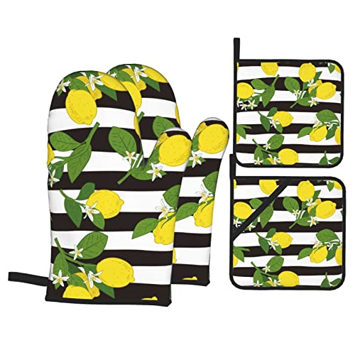 Lemon Oven Mitts And Pot Holders Sets Of 4 High Heat Resistant Green Floral Pattern Lemon Fruits Flowers Oven Mitts With Oven Gloves And Hot Pads Potholders For Kitchen Bbq Non-Slip Cooking Mitts #TOP14