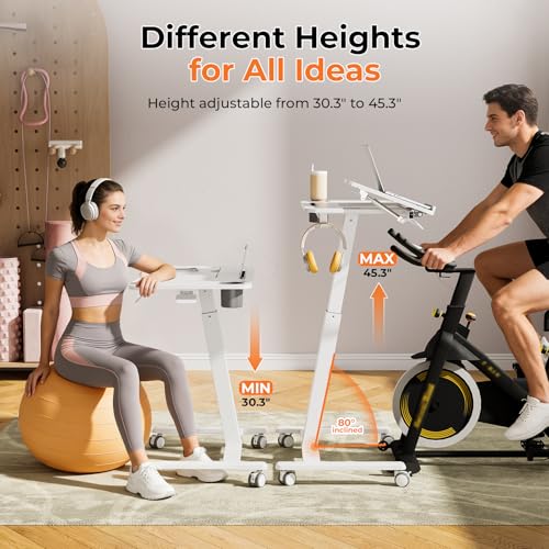 Image of JOY worker Mobile Standing Desk for Treadmill, 31.5 inch Small Pneumatic Height Adjustable Walking Pad Desk, 40 Foldable Rolling Bike Trainer Stand Table on Wheels with Cup Holder & Towel Rack, White