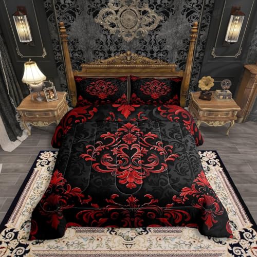 Erosebridal Black Red Gothic Comforter Set King Size,Vintage Boho Damask Floral Comforter,Bohemian Exotic Goth Bedding Set for Kids Adults Victorian Baroque Flower Bed Set 3 Pcs