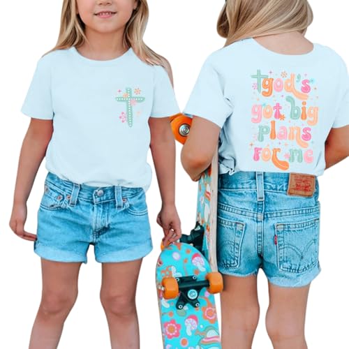 Image of Christian Shirts for Girls Bible Verse God Shirt Kids Graphic Tees Cute Cross Outfits Floral Print Summer Top