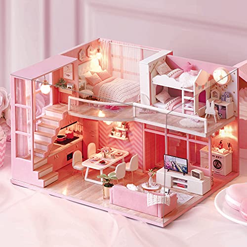 Image of TuKIIE DIY Miniature Dollhouse Kit with Furniture, 1:24 Scale Creative Room Mini Wooden Doll House Accessories Plus Dust Proof & Music Movement for Kids Teens Adults(Dream Angels)