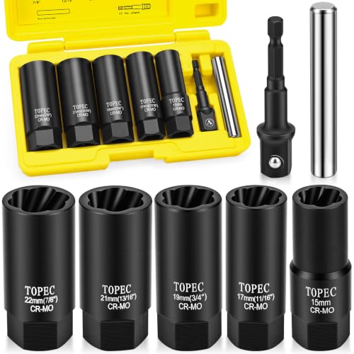 Image of Topec Locking Lug Nut Removal Tool, 7-Piece Wheel Lock Removal Kit | 15,17,19,21,22MM Deep Lug Nut Extractor, 1 /2 inch Drive Stripped Bolt Remover Socket Set