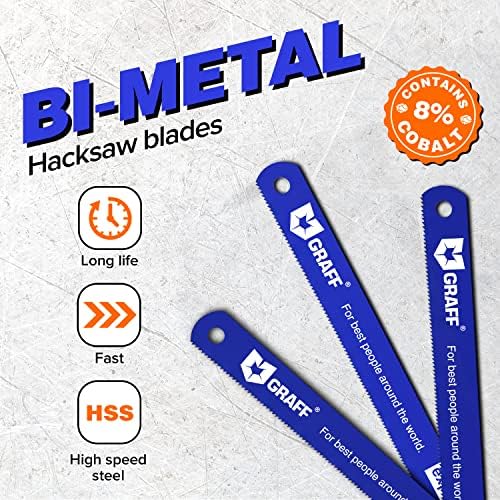GRAFF 8% Cobalt Hacksaw Blades 12 Inch for Metal and Stainless Steel cutting - 300mm Hacksaw Blades 24 tpi - Handsaw Blades Replacement Bi-Metal - Pack of 3