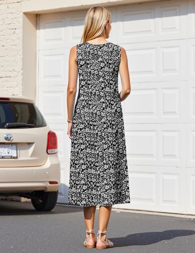 Image of HOTOUCH Summer Casual Dresses for Women Sleeveless Midi Dress Swing Tank Sundress Pleated Tshirt Dress with Pockets