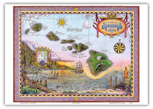 Carte d'Hawaï vintage par Steve Strickland | Affiche cartographique colorée 25x35 cm