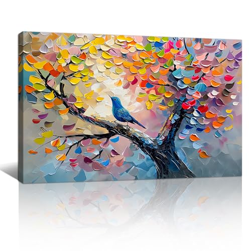 Large Abstract Blossom Trees Bird Wall Art for Living Room, Colourful Tree of Life Wall Painting Pictures Nature Floral Tree Canvas Prints Modern Artwork for Bedroom Office Home Decor 60x90cm