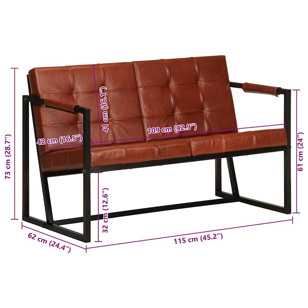 Sofá de 2 plazas marrón piel de cabra auténtica 115 x 61 x 75 cm