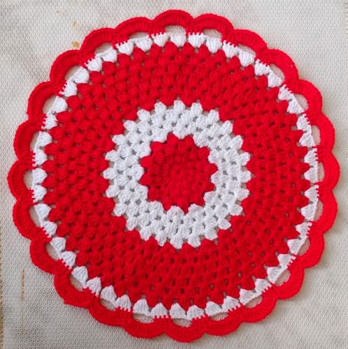 Image of Kavya Craft Present Woollen Handmade Crochet Table Mat /Thal posh (Red White, 14 inch)