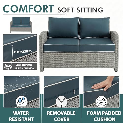 Image of BRISHI Outdoor Sofa Set ||Patio Furniture Sets ||Balcony Sofa ||Indoor Sofa ||Wicker Rattan Garden Sofa Set with Cushion&Center Table (4 Seater,Grey with Navy Blue Cushions),64 cm ,72 cm ,67 cm