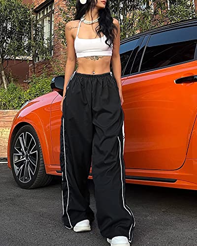 Women Y2K Baggy Track Pants Elastic Waist Wide Leg Parachute Jogger Sweatpants4