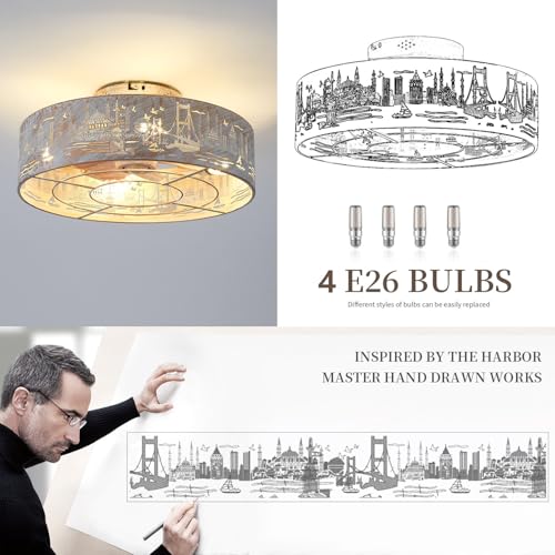 Alaruder Caged Ceiling Fans with Lights Flush Mount,Low Profile Ceiling Fan with Remote,20 Inch Caged White Fan for Bedroom,6 Speeds Reversible Enclosed Fandalier Ceiling Fan with Bulb - Image 5