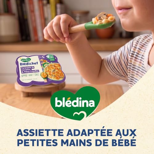 Blédina - Blédichef - Repas Bébé 18 Mois - 9 Plats Carottes Pâtes Coquilles - Petits Morceaux - Faible Teneur en Sel - Dès 18 Mois - 9 Assiettes 250g