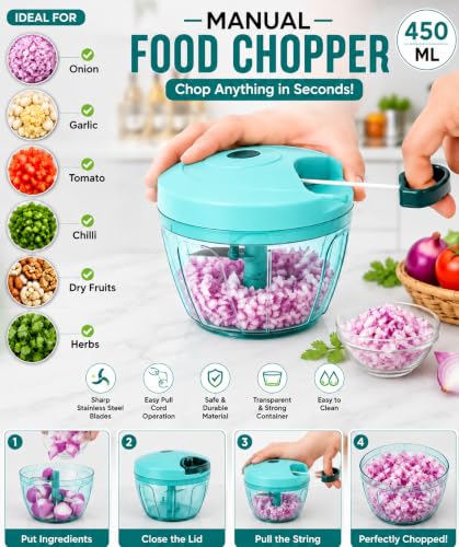 Image of Manual Mini Vegetable Chopper with Pull Cord, Multipurpose Kitchen Food Cutter for Onion, Vegetable, Fruits & Dry Fruits, Compact Plastic Hand Chopper (Multicolour, 450 ml)