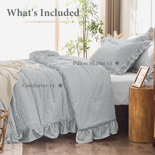 Image of JOLLYVOGUE Light Grey Twin /Twin XL Comforter Set, 2 Pieces Seersucker Lightweight Fluffy Bedding Set, Twin Ruffle Comforter, All Season Soft Microfiber Shabby Chic Bed Set