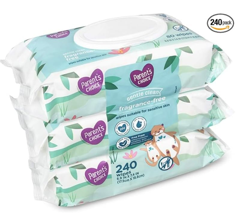 Image of Parent's Choice Gentle Clean Fragrance-free Unscented No Scent Baby Wet Wipes Suitable for Sensitive Skin Infused with Vitamin E and Aloe, 240 Count (Value Pack Includes 3 80-Count Packages) - 1 Pack