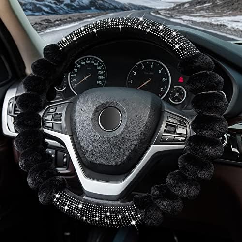 XCBYT Cute Girly Steering Wheel Covers - Black Car Decorations Accessories Fuzzy Bling Comfortable Non-Slip Luxurious Faux Wool Glam Vehicle for Women Girl with 15 Inch Size for Universal Automotive
