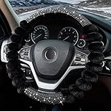 XCBYT Cute Girly Steering Wheel Covers - Black Car Decorations Accessories Fuzzy Bling Comfortable Non-Slip Luxurious Faux Wool Glam Vehicle for Women Girl with 15 Inch Size for Universal Automotive