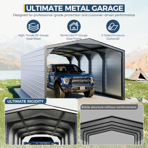 Image of Metal Carport 12x20 ft Heavy-Duty 2-Sided Enclosure | Military-Grade Reinforced Garage Kits with Steel Roof & Hurricane | 100lbs /Sq.Ft Snow /Camper /Truck /Tractor Shelter,Ash Gray
