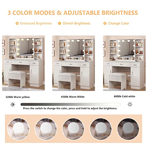 Makeup Vanity Desk With Lights, 3 Lighting Colors, White Vanity Set Makeup Table With 3 Drawers, 2 Cabinets And Multiple Shelves, Large Vanity 45.2In(L) #TOP4