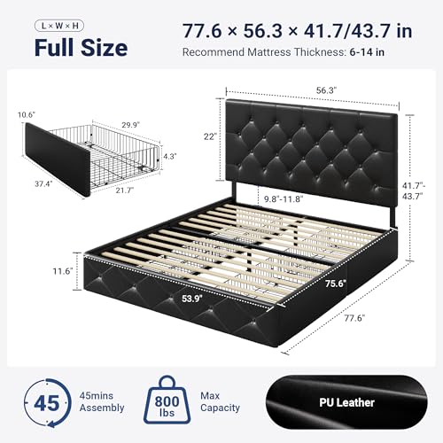 Image of Allewie Upholstered Full Size Platform Bed Frame with 4 Storage Drawers and Headboard, Diamond Stitched Button Tufted, Mattress Foundation with Wooden Slats Support, No Box Spring Needed, Black