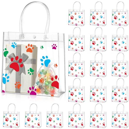 Teling 20パック 犬の肉球クリアPVCギフトバッグ ハンドル付き 再利用可能なプラスチックラップトートバッグ 透明子犬 ペットおやつ パーティー 記念品 誕生日 ウェディングパーティー 8 x 8 x 3.15インチ (カラフル)の商品画像（Amazon）